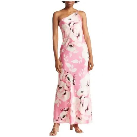 The Fashion Poet Womens Large One Shoulder Halter Floral Satin Maxi Dress Pink - Picture 1 of 13